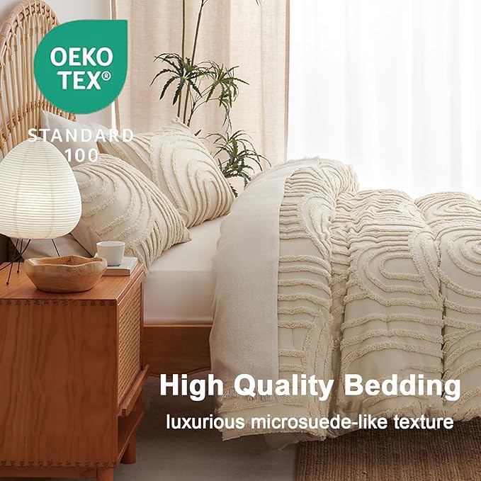 Boho Tufted Comforter Queen Size Beige Geometric Tufted Comforter Set Bohemian Arch Tufted Bed Set 3 Pieces Shabby Chic Embroidery Soft Jacquard Bedding for All Seasons with 2 Pillowshams