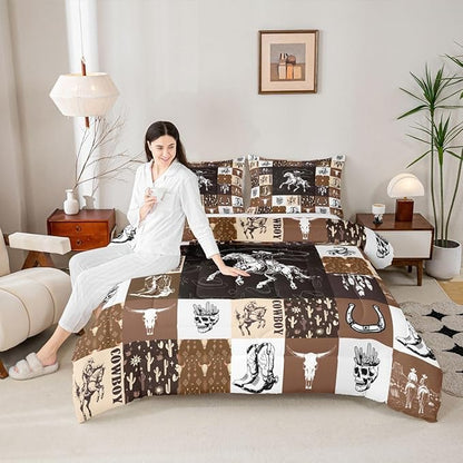 Cowboy Comforter Set King Size,Western Bedding For Boys,Bull Skull Horse Bedding Comforter Sets,Boho Arrows Feather Quilt Set Brown Plaid Grid Print Duvet For Kids Teens Room Decor,2 Pillowcases