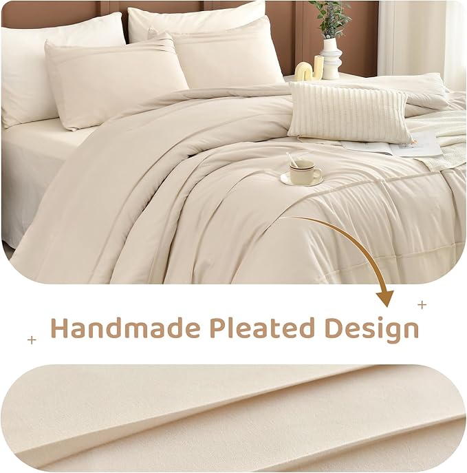 Sanracie Cotton King Comforter Set(106"x 95"),Wheat Colored Pinch Pleat Soft Comforter Bedding Sets 3Pcs Lightweight Breathable Bedding Set for All Season