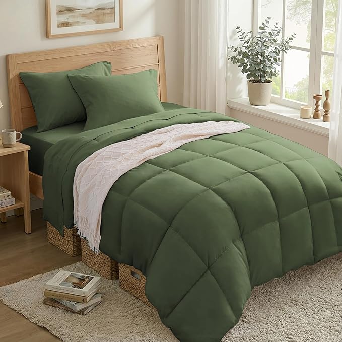 Anluoer Twin Size Bed in a Bag 5 Pieces, Olive Green Bed Comforter Set with Sheets, All Season Bedding Sets with 1 Comforter, 1 Pillow Sham, 1 Pillowcase, 1 Flat Sheet, 1 Fitted Sheet