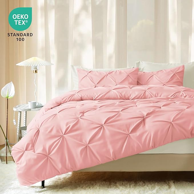 JOLLYVOGUE Queen Comforter Set 7 Pieces - Bed in a Bag Queen for All Season, Pintuck Bedding Comforter Sets with Comforter, Flat Sheet, Fitted Sheet and Pillowcases & Shams, Pink & Ivory