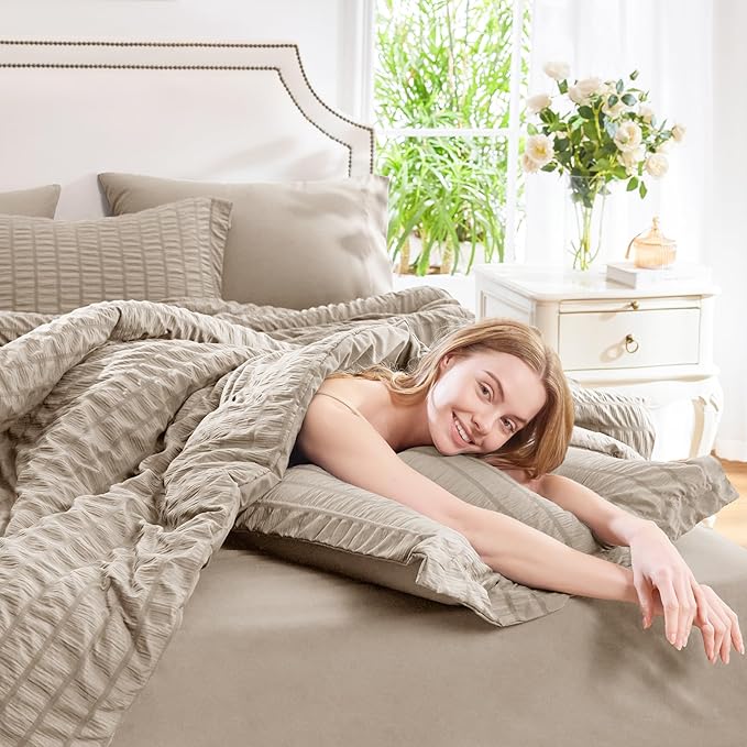 CozyLux Queen Comforter Set Khaki Seersucker 7 Pieces Bed in a Bag Queen Comforter Set with Sheets, Luxury Soft Bedding Set with Down Alternative Comforter, Sheets, Pillowcases & Shams for All Seasons