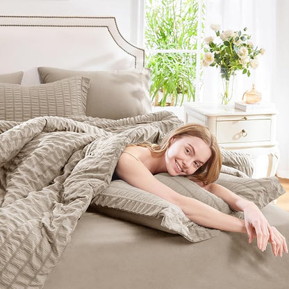 CozyLux Queen Comforter Set Khaki Seersucker 7 Pieces Bed in a Bag Queen Comforter Set with Sheets, Luxury Soft Bedding Set with Down Alternative Comforter, Sheets, Pillowcases & Shams for All Seasons