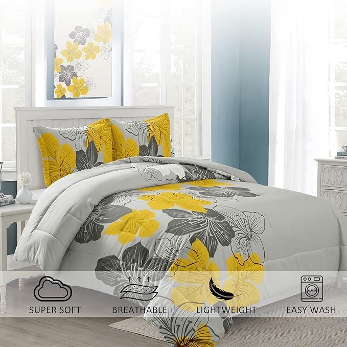 Menghomeus Floral Comforter Set Queen Yellow Floral Pattern Printed on Grey Soft Microfiber Bedding Set Lightweight Bed Set for All Season, 3 Piece (1 Comforter, 2 Pillowcases)