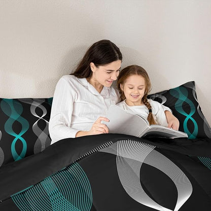 Erosebridal Teal and Black Queen Comforter Set for Men, Teal Striped Bedding Set for Boys Adults, Contemporary Boho Modern Art Abstract Comforter, Gradient Geometric Stripes Aesthetic Quilt