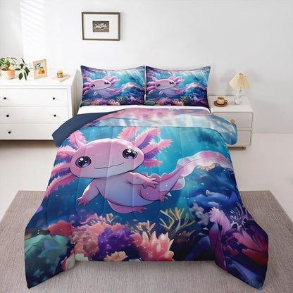 Erosebridal Kawaii Axolotl Comforter Set for Kids Boys and Teens Room, Salamander Animal Bedding Set King Size, Ocean Life Down Comforter,Underwater World Sea Animal Quilt, Breathable Room Decor