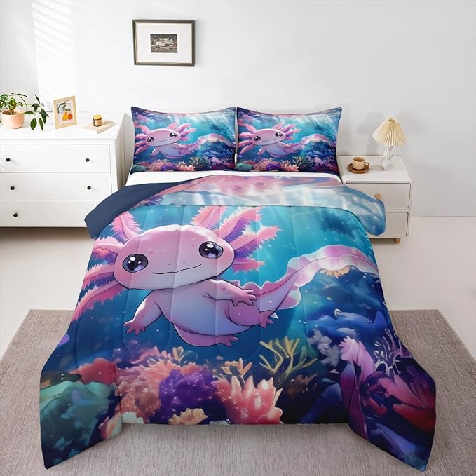 Erosebridal Kawaii Axolotl Comforter Set for Kids Boys and Teens Room, Salamander Animal Bedding Set Queen Size, Ocean Life Down Comforter,Underwater World Sea Animal Quilt, Breathable Room Decor