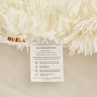Flysheep Luxury Faux Fur Full/Queen Size Winter Comforter Set Shaggy Velvet Cream Beige Long Hair, 3 Pieces Plush Flannel Sherpa Backing Reversible Soft Microfiber Super Warm Bedding Set for Holiday