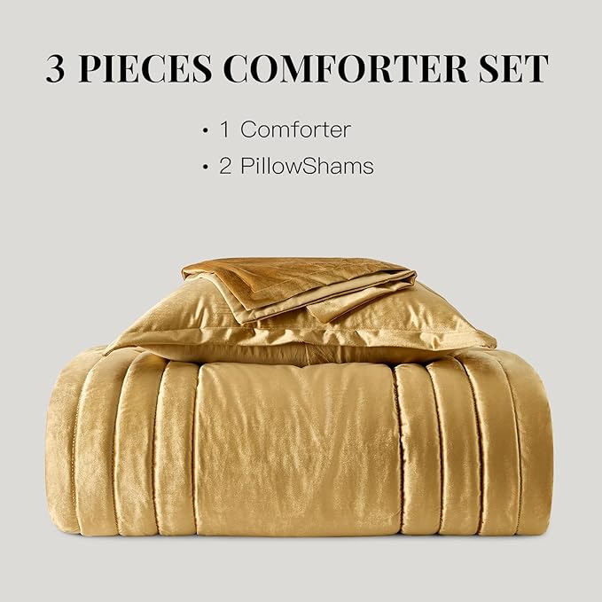MUSSEL Velvet California King Size Comforter Set 3 Pieces,Luxury Gold All Season Cozy Velvet Bedding Comforter Sets,Modern Striped Lightweight Fluffy Bedroom Sets