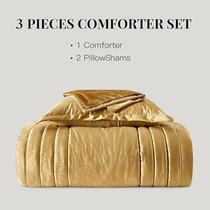 MUSSEL Velvet California King Size Comforter Set 3 Pieces,Luxury Gold All Season Cozy Velvet Bedding Comforter Sets,Modern Striped Lightweight Fluffy Bedroom Sets