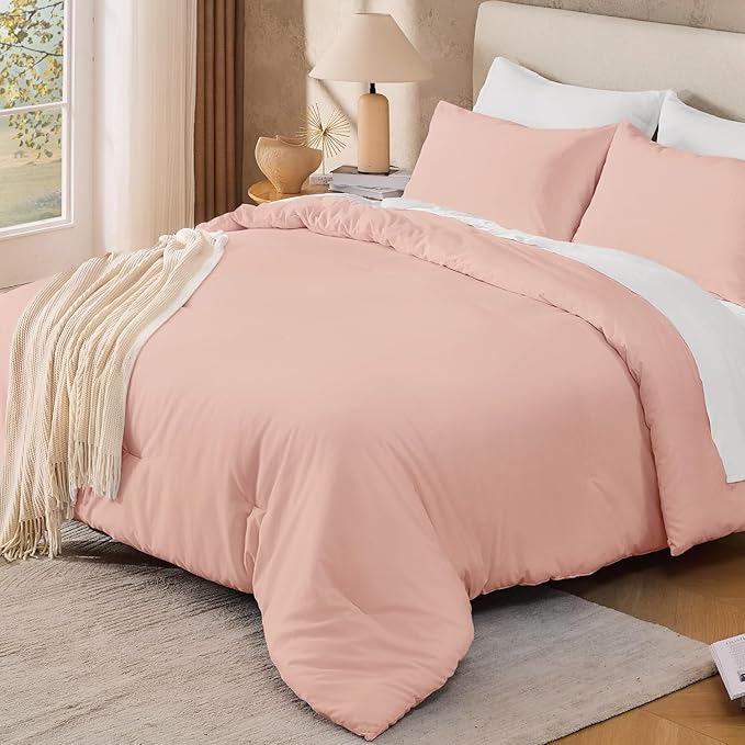 Andency California King Size Comforter Set, 3 Pieces Blush Pink Boho Solid Bedding Comforter Set, Modern Reversible Soft Fluffy Cal King Bed Set for All Season
