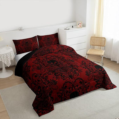 Feelyou Adults Gothic Skull Bedding Set Queen Size Kids Damask Print Comforter Goth Bohemian Duvet Breathable Soft Lightweight Microfiber Black Red Room Decor with 2 Pillowcases