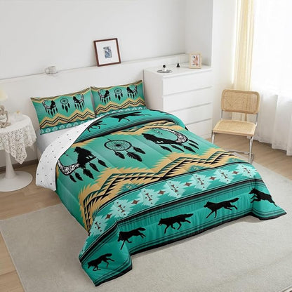 Erosebridal Wolf Bedding Set Moon Dream Catcher Quilt,Southwestern Native Ethnic Tribal Arrow Aztec Queen Comforter Set Western Boho Duvet Insert,Exotic Nordic Style Wild Animals Bohemian Decor,Green