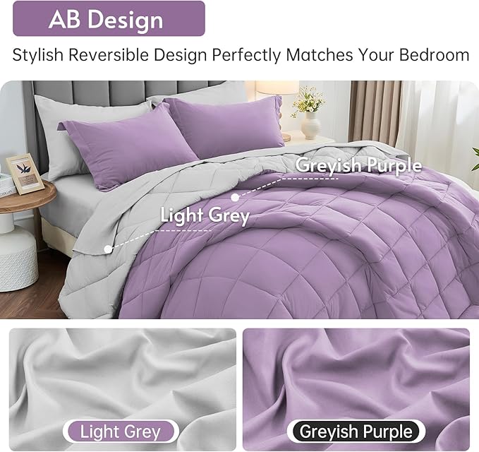 MUXHOMO 5 Pieces Twin Comforter Set, Reversible Bed in a Bag Twin Size, All Season Bedding Set with Comforter, Flat Sheet, Fitted Sheet, Pillowcases & Shams, Greyish Purple & Light Grey