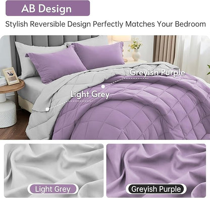 MUXHOMO 5 Pieces Twin XL Comforter Set, Reversible Bed in a Bag Twin XL Size, All Season Bedding Set with Comforter, Flat Sheet, Fitted Sheet, Pillowcases & Shams, Greyish Purple & Light Grey