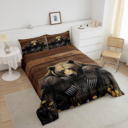 Feelyou Kids Bear Comforter Set Toddler Size Rustic Cabin Country Bedding Set for Boys Girls Wood Farmhouse Comforter Adult Duvet Set,1 Comforter+ 1 Pillow Shams,Brown Yellow