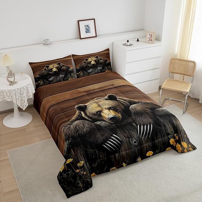 Feelyou Kids Bear Comforter Set Full Size Rustic Cabin Country Bedding Set for Boys Girls Wood Farmhouse Comforter Adult Duvet Set,1 Comforter+ 2 Pillow Shams,Brown Yellow