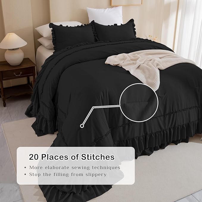 Masaca Oversized King Comforter 128x120,Shabby Boho Chic Farmhouse Bedding Comforter with Ruffles Vintage Soft French Country Bedding Set Lightweight Black Ruffled Extra Large King Comforter 3 Pcs
