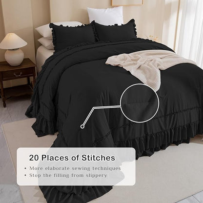 Masaca Oversized King Comforter 128x120,Shabby Boho Chic Farmhouse Bedding Comforter with Ruffles Vintage Soft French Country Bedding Set Lightweight Black Ruffled Extra Large King Comforter 3 Pcs