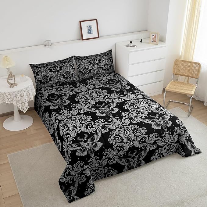 Feelyou Adults White Black Vintage Damask Floral Comforter Set Oriental Antique Comforter Twin Size Gothic Bohemia Boho Flower Bedding Set Gothic Skull Duvet Set Quilt Set 2Pcs