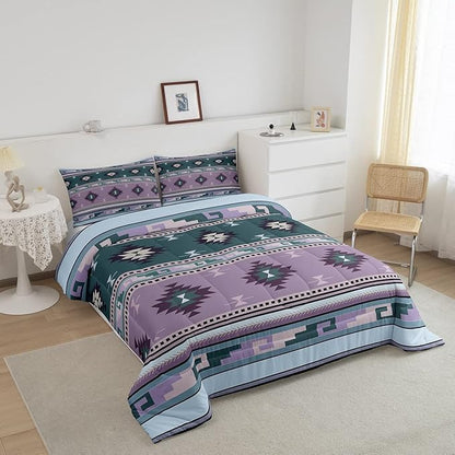 Western Decor,Vintage Exotic Indian Geometric Bedding Set Boho Western Comforter Set King,Ethnic Tribal Arrow Quilt Aztec Duvet Insert,Rustic Home Decor Rustic Farmhouse Decor Lavender Purple