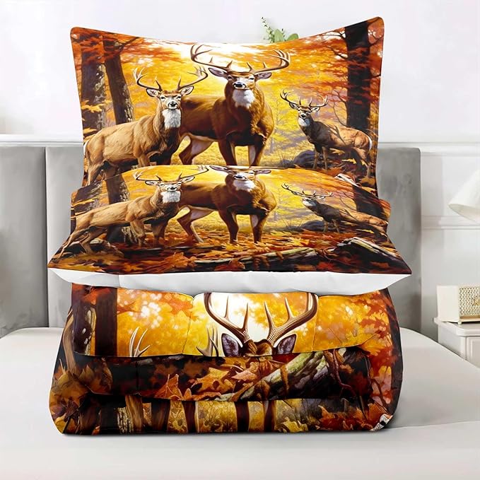 LUVIVIHOME 3PCS Rustic Deer Comforter Set Full Size, Camo Hunting Bedding, Elk Moose Autumn Woodland Forest Animal Wildlife Hunter Country Lodge Rustic Farmhouse Cabin Bedroom Decor, 2 Pillow Shams