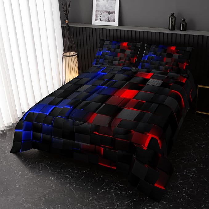 Neon Red and Blue Comforter Set Queen Geometric Kids Bedding Set,3 PCS Geometry Honeycomb Bed Set Modern Quilt Set 1 Comforter 2 Pillow Cases Cool Room Decor All Season B-Side Black