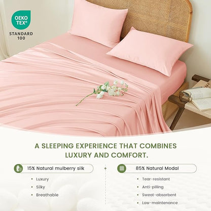 THXSILK Luxury Mulberry Silk Bed Sheets Set - 3pcs Silk Sheets Set 16" Deep Pocket - 1 Fitted Sheet, 1 Flat Sheet, 1 Pillowcase with Zipper Closure - Twin, Charming Pink