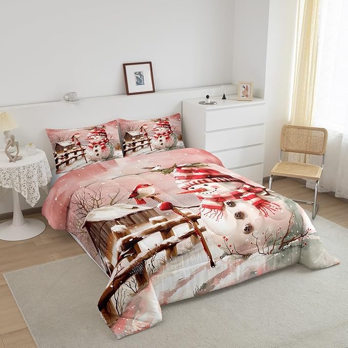 Pink Snowman Bedding Set Full Size,Cute Bird and Snowflake Cabin Comforter Set 3Pcs for Kids Girls Boys Teens Room Decor,Merry Christmas Quilt Set Romantic Winter Duvet Insert,2 Pillowcases