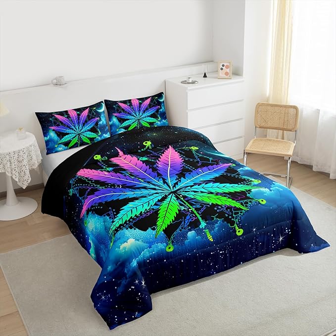 Erosebridal Leaves Comforter Set Bohemian Mandala Duvet Set Twin Size Leaf Quilt Set Galaxy Starry Sky Quilted Duvet, Blue Purple Bedding Set for Room Decor