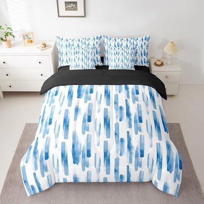 Erosebridal 7Pcs Sky Blue Abstract Geometric Full Size Comforter Set for Women Men Adults,Boho Watercolor Bed in A Bag,Graffiti Ink Painting Modern Art Bedding, Stripes Striped Quilt