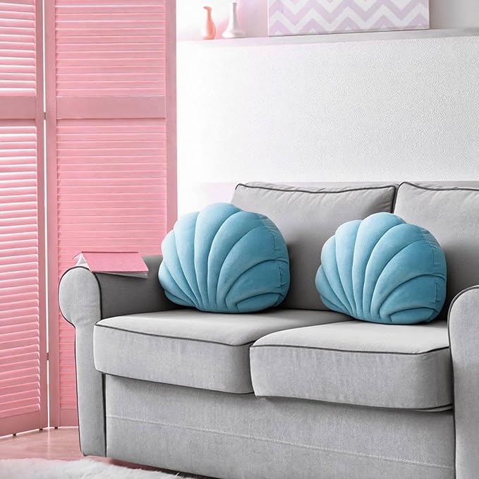 Marsui Blue Seashell Decorative Pillow, 13 Inch Beach Themed Shell Shaped Throw Pillow Gift 3D Insert Beach Soft Velvet Sea Ocean Mermaid Room Decoration Couch Bed Cute Cushions