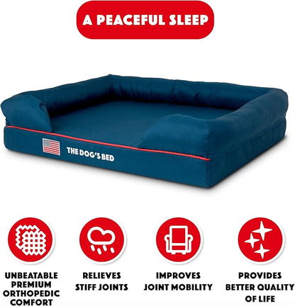 The Dog’s Bed Orthopedic Memory Foam Dog Bed with Bolsters, Oxford Fabric, Blue with Dark Red Trim, L