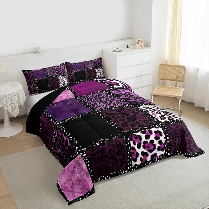 Erosebridal Pink Leopard Print Comforter King Size for Kids Teens Adults,Animal Skin Texture Bedding Set,Patchwork Geometric Duvet Insert,Farmhouse Quilt Bedroom Decor