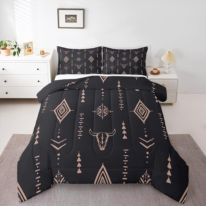 Erosebridal Bull Skull Comforter Set Full Boho Bedding Ethnic Horns Bedding Comforter Sets Black Brown Tribal Symbol Mysterious Aztec Room Decor Abstract Geometric Duvet Insert for Men Boys