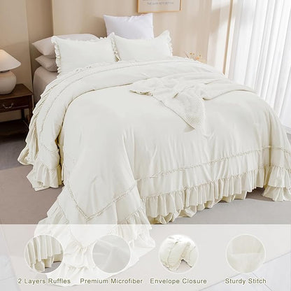QSH Oversized King Ruffle Comforter 128x120,3PCs Ivory Farmhouse Lightweight Ruffled Bed Comforter Set Soft Microfiber Shabby Boho Chic California King Bed Comforter Set French Country Bedding