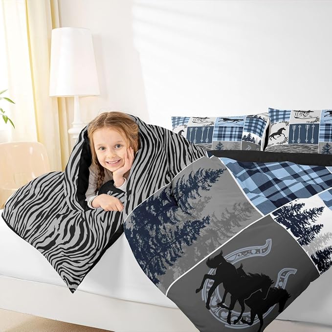 Erosebridal Kids Horse Comforter Set, Southwest Horseshoe Bedding Set Vintage Western Riding Boots Quilt Arrow Forest Plaid Patchwork Bedding Comforter Set Rustic Farmhouse Lodge Bedroom Decor, Twin