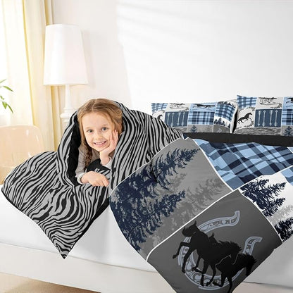 Erosebridal Kids Horse Comforter Set, Southwest Horseshoe Bedding Set Vintage Western Riding Boots Quilt Arrow Forest Plaid Patchwork Bedding Comforter Set Rustic Farmhouse Lodge Bedroom Decor, King