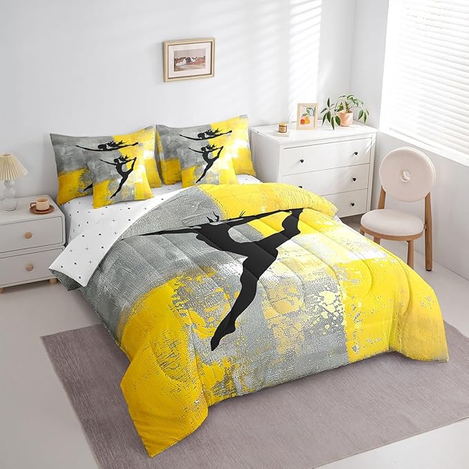 Girls Gymnastics Bed in a Bag 7pcs Yellow Grey Gradient Bedding Comforter Sets, Watercolor King Bedding Sets (1 Comforter, 1 Fitted Sheet, 1 Flag Sheet, 2 Pillowcases, 2 Throw Pillow Covers)