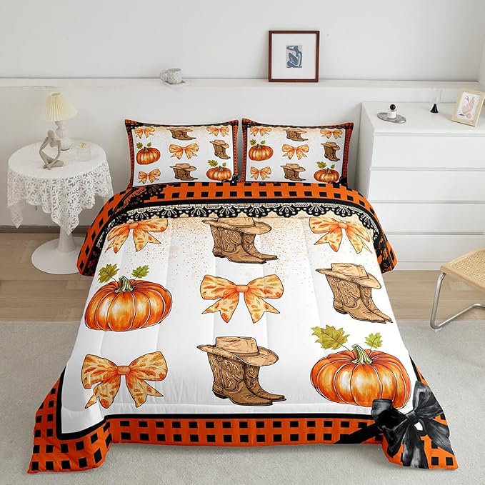 Erosebridal Western Cowgirl Comforter Set King,Cowboy Boots Hat Bedding Set Orange Plaid Bowknots Bedding Comforter Sets for Kids Boys Girls Bedroom Decor,Pumpkin Fall Harvest Quilt Duvet 3 Pcs