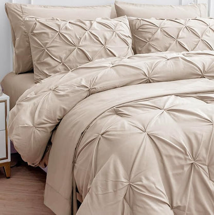 LANE LINEN Twin Comforter Set - 5 Piece - Classic Pintuck Stitch Design Bedding - with 1 Comforter, 1 Pillowcase 1 Shams, 1 Flat & One 14" Fitted Sheet - Lightweight Bedding for Year-Round Use – Beige | Ultra-soft comfort, Everyday soft touch, Durable ...