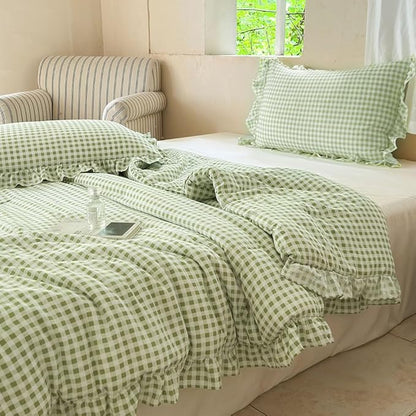 NSNLGSGC Sage Green Ruffle Gingham Comforter Set King, Pre-Washed Ruffled Plaid Checked Comforter Bedding, 3 Pieces Vintage Farmhouse Grid Bedding Set(Green Gingham, King)
