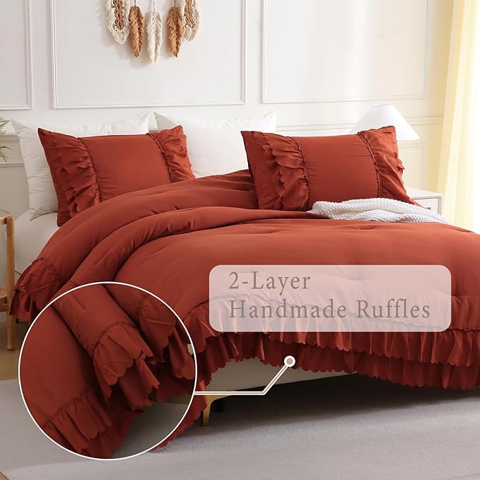 Herside Brick Red Ruffle Comforter Set King Size,Shabby Chic Boho Bedding Sets, Soft Fluffy Comforters Sets for All Season,Vintage Ruffled 3 Pcs Microfiber Lightweight Quilt Set for Women Girls