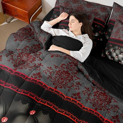 Erosebridal Red Damask Twin Comforter Set with Sheets | Victorian Decor Gothic Vintage Floral 7 Piece Bedding Set Luxury Black Diamond Texture Pattern Bohemian Bed in a Bag, Baroque Goth Room Decor