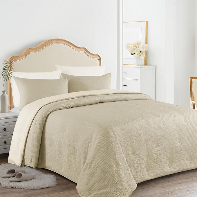 HOMBYS 3 Piece Seersucker Oversized King Comforter Set 128x128, Breathable Beige Soft Comforter Set, Lightweight Down Alternative Comforter, Bedding Comforter Sets with 2 Pillow Shams for All Season