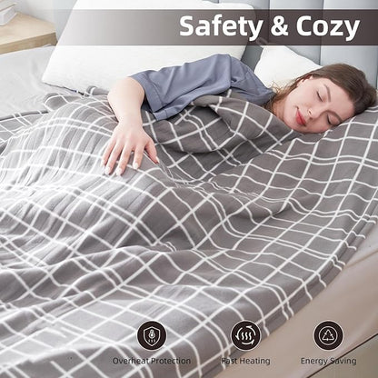 Electric Heated Blanket Full Size 72"x84",Whit 10 Hs Auto Off & 4 Heating Levels, Soft Fleece for Bed, Machine Washable, Gifts for Family-Plaid Pattern, Light Gray