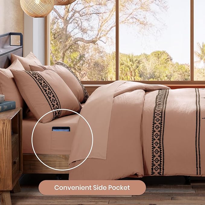 MaiRêve Embroidery Comforter Set, Boho Farmhouse Western Bedding Set, All Season Bed in A Bag Comforter Set with Sheets, Pillowcases & Shams, Dusty Pink Full 7 Pieces