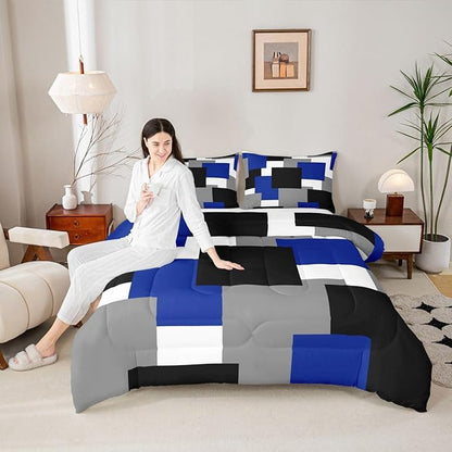 Castle Fairy Blue Grey Black Comforter Set for Kids,Modern Abstract Art Bedding Set Teens Boys Room Decor,Geometric Grid Square Splicing Comforter with 1 Pillowcase for All Seasons,Twin