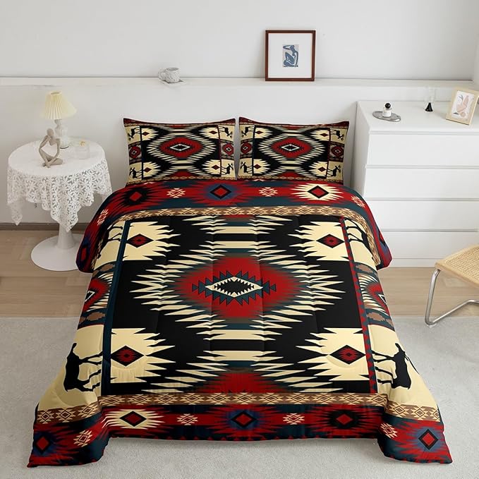 Feelyou Boho Comforter Set Queen Size Rustic Comforter for Boys Girls Teens Cabin Bedding Set Retro Duvet Set Room Decor Auburn Quilt Set