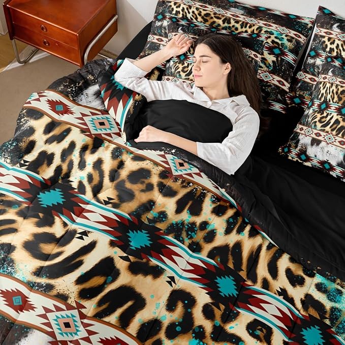 Erosebridal Aztec 7 Piece Bedding Set Twin Leopard Print Comforter Set with Sheets Cowhide Exotic Fur Ink Splash Cheetah Ethnic Bed in A Bag Beige Green Bed Sets